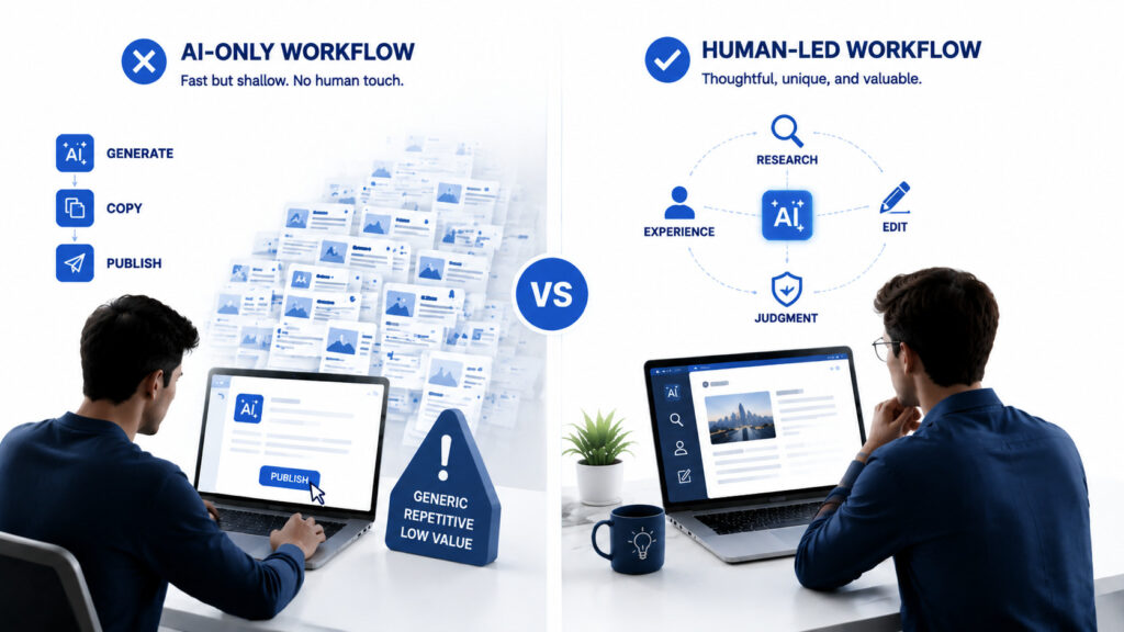 comparison diagram illustrating an AI-only automated generation workflow versus a human-led research and editing process.