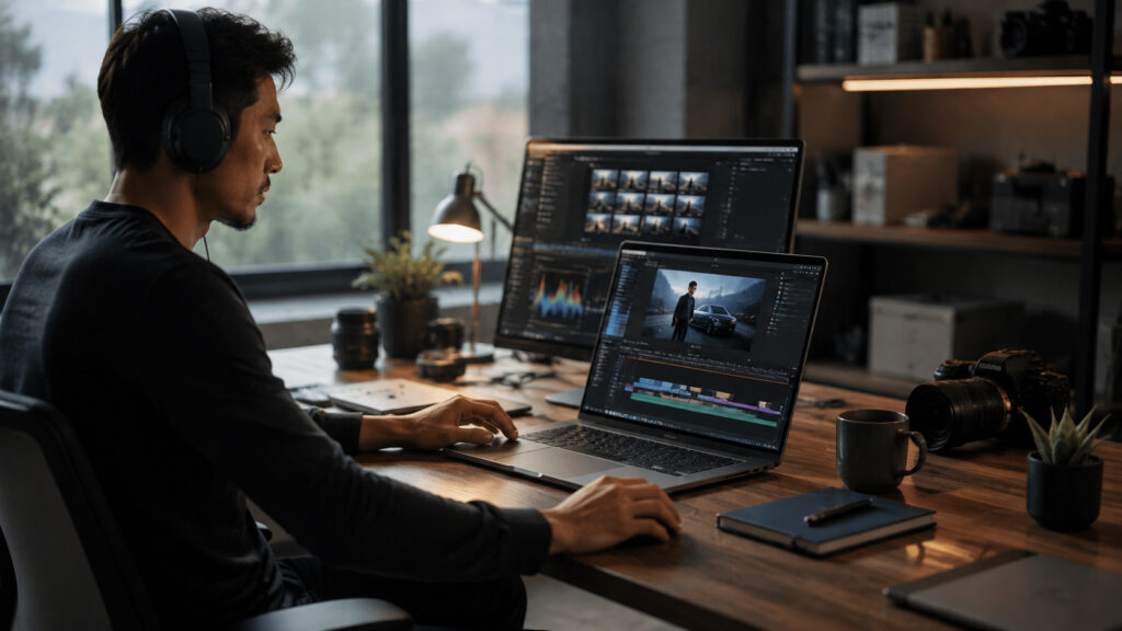 An Apple MacBook Pro displaying creative software for video editing and graphic design.