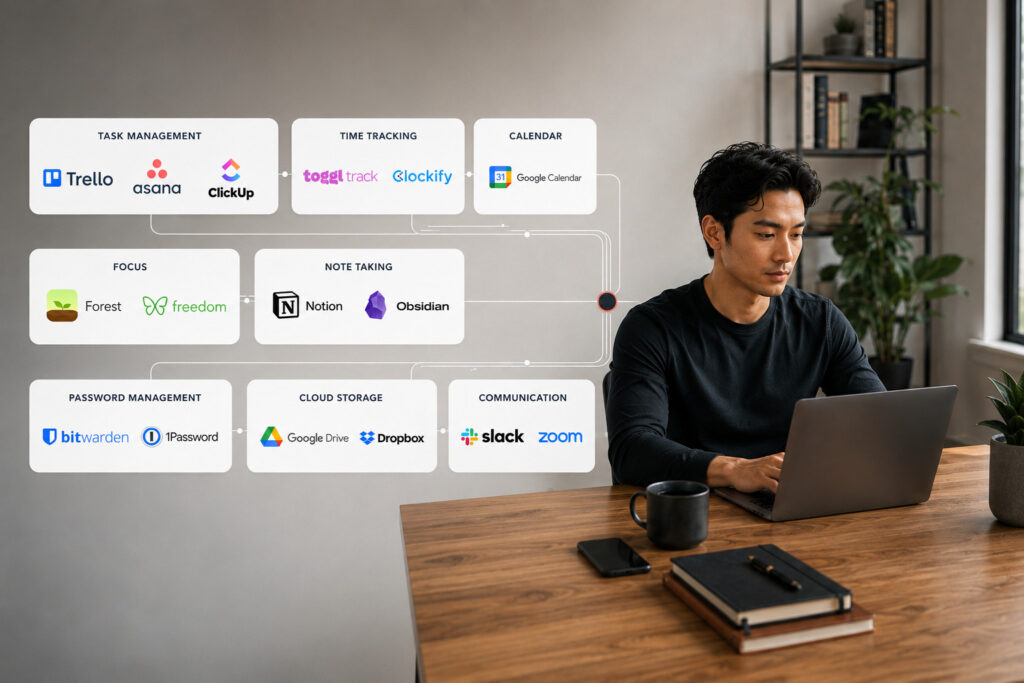 A graphic diagram showing the best productivity tools for freelancers to automate workflows.