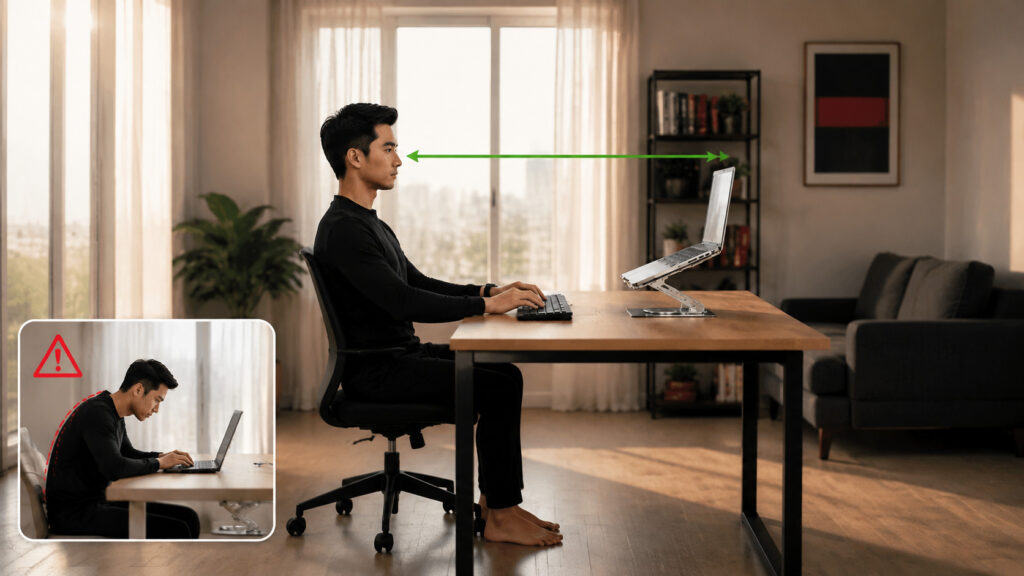 Visual diagram showing how to position a computer monitor at eye level to prevent neck strain.