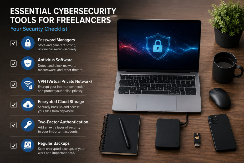 An infographic displaying essential cybersecurity tools for freelancers including password managers and MFA