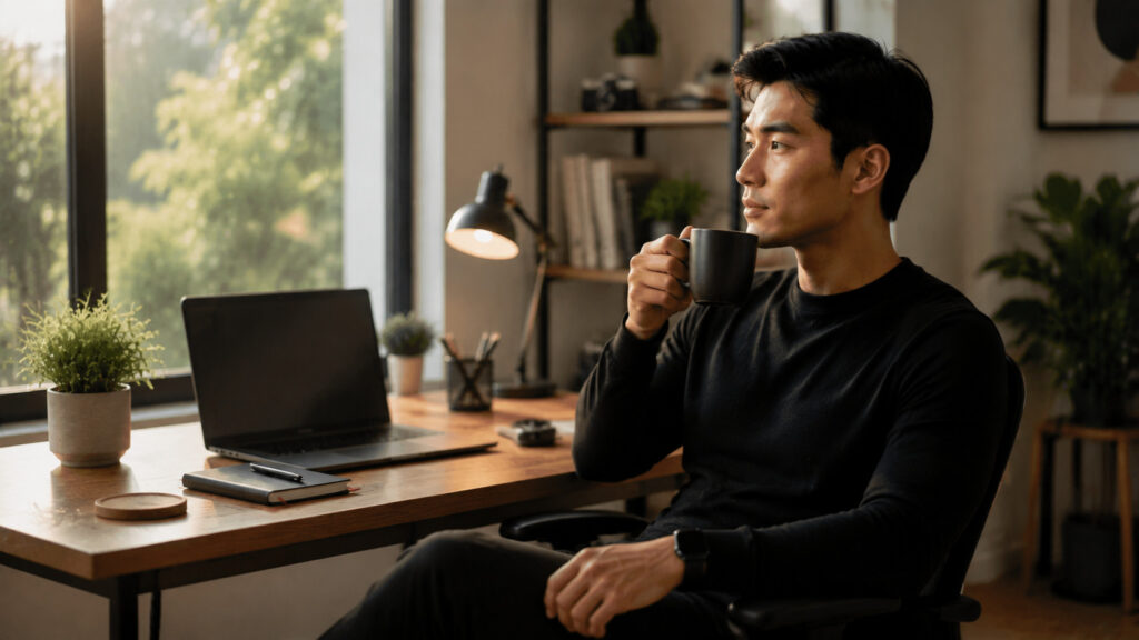 A freelancer eating a balanced breakfast while reviewing a laptop screen at a desk.