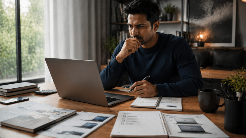 A freelancer at a desk reviewing hardware specifications and software requirements.