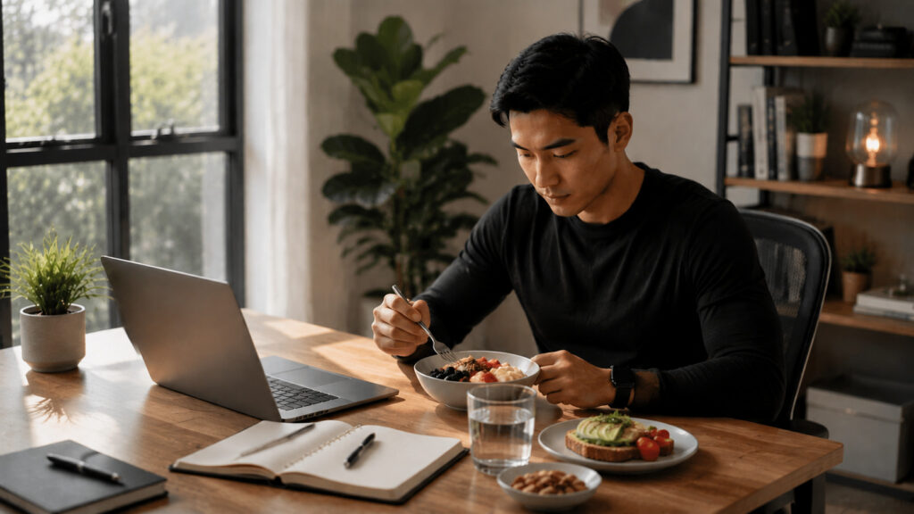 A freelancer eating a balanced breakfast while reviewing a laptop screen at a desk.