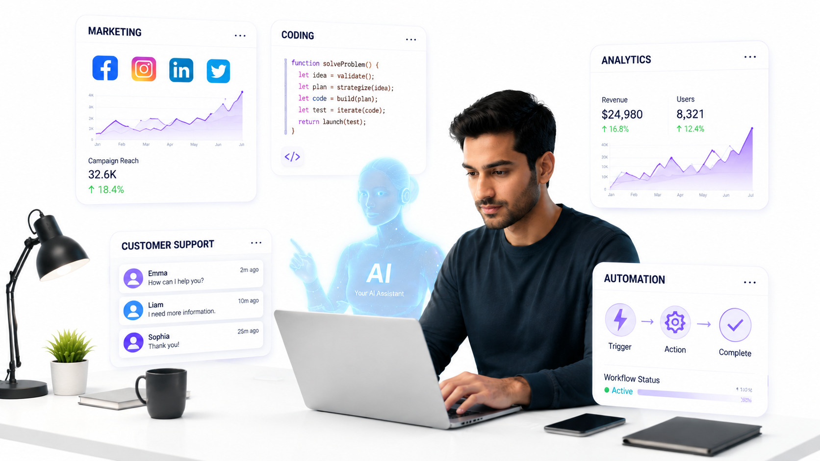 A solo founder at a laptop using automation dashboards, showing how AI is powering the modern one-person company.