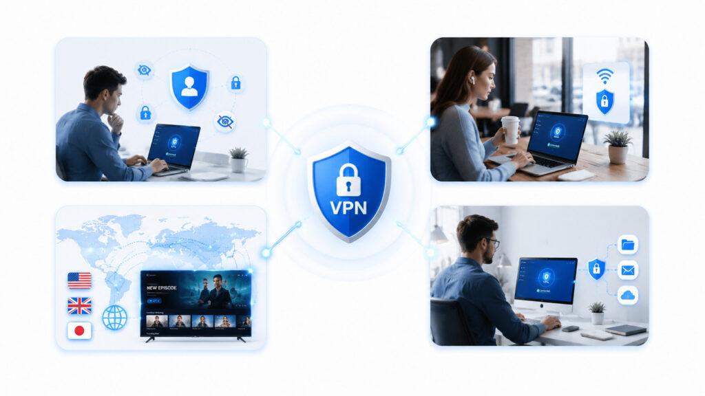 An infographic showing how a VPN protects privacy on public Wi-Fi and secures remote work.