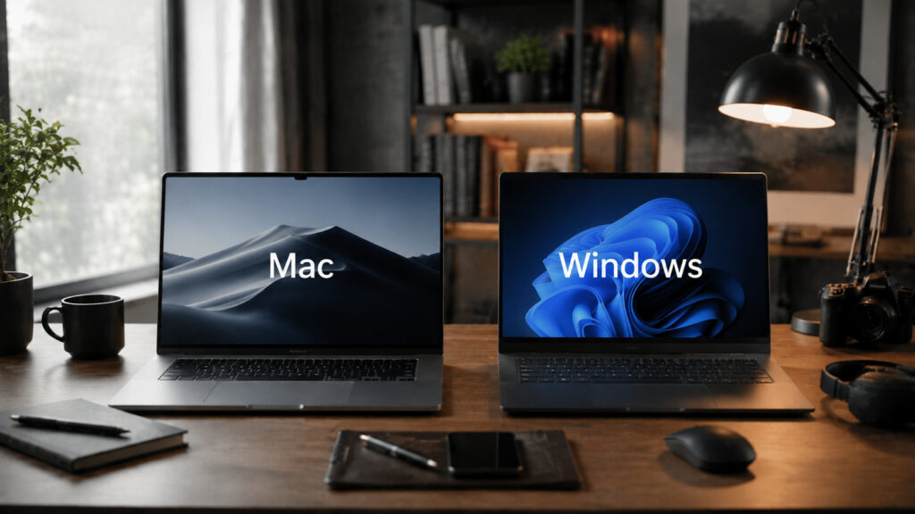 A MacBook and a Windows laptop side-by-side on a desk for comparison.