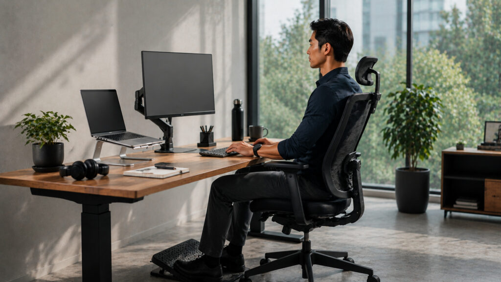 An office worker sitting at a properly aligned desk demonstrating good posture and ergonomics.
