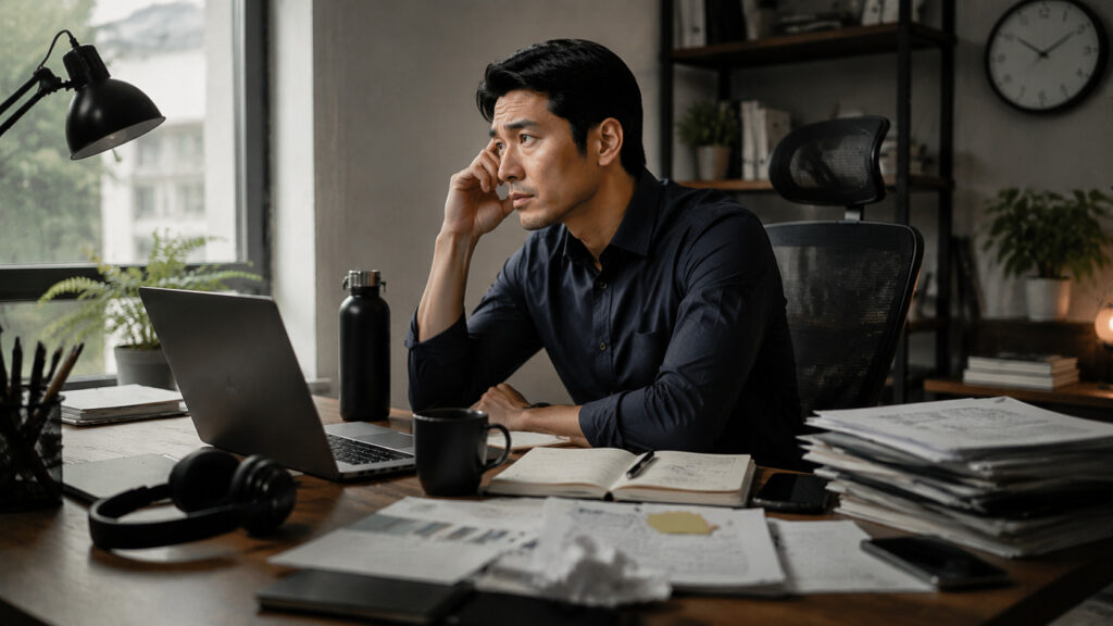 An exhausted freelancer holding his head at a desk, recognizing freelancer burnout symptoms.