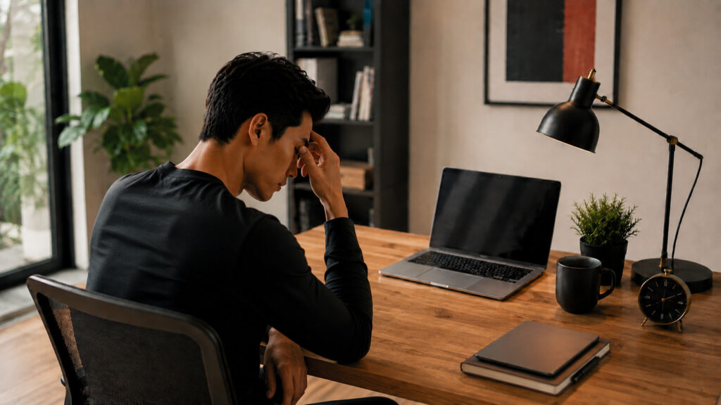 An exhausted freelancer sitting at a computer desk, recognizing warning signs of burnout.