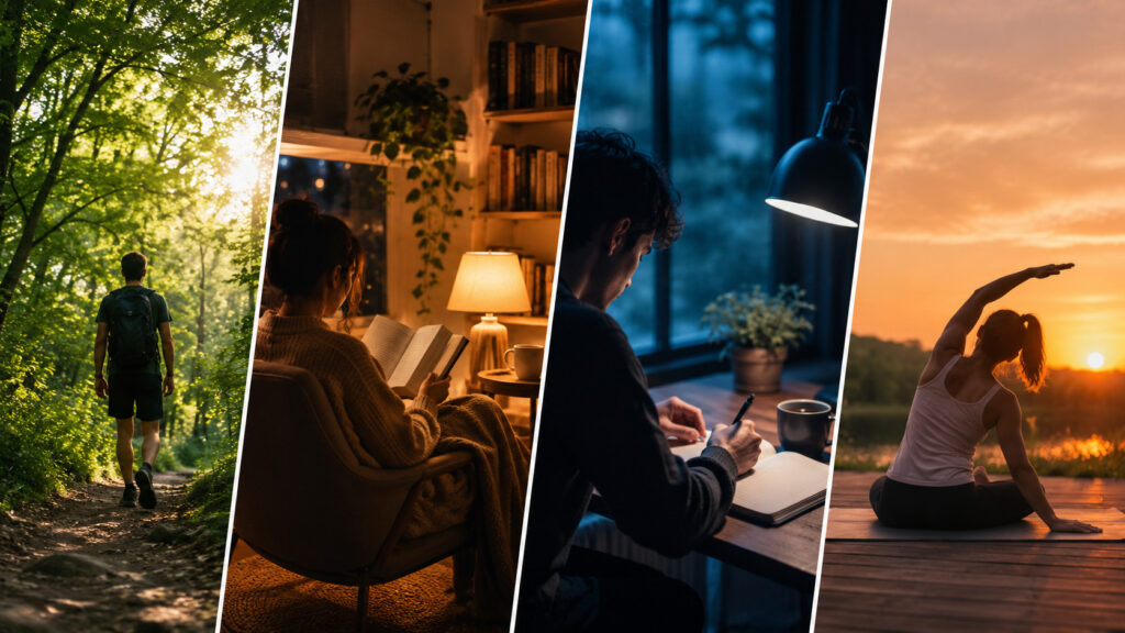 A photo collage displaying screen-free activities like outdoor walks, reading, and mindfulness.