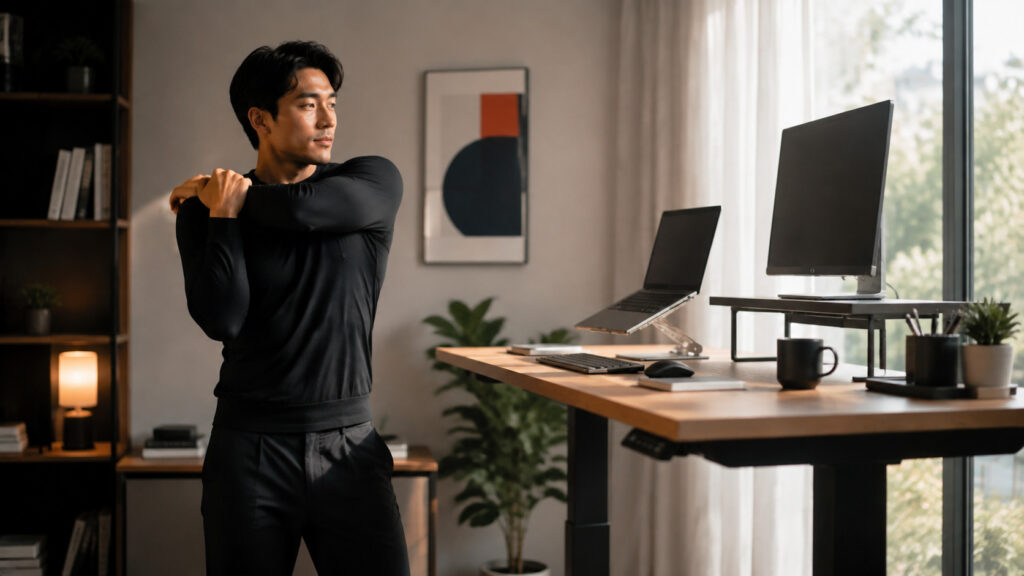 A desk worker standing up to take a quick shoulder movement break at a standing desk setup.